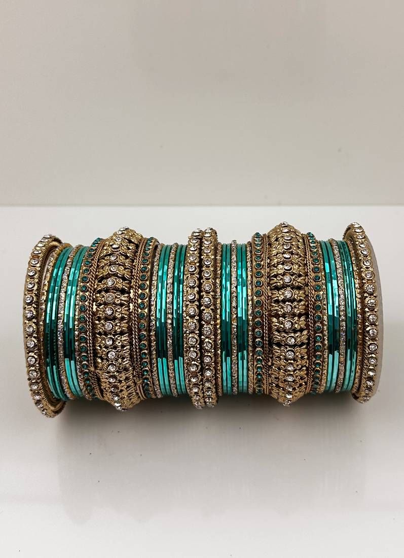 Buy Aqua Green Gold Kara Bangle Set