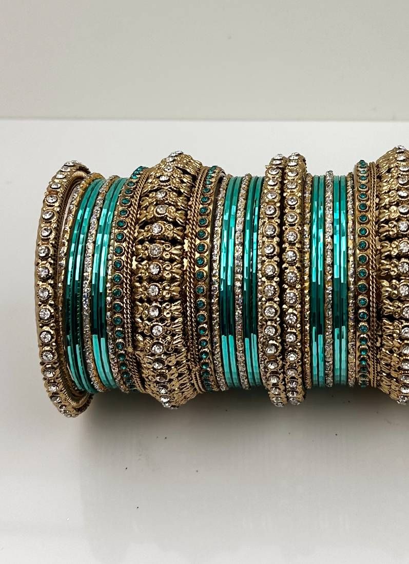 Buy Aqua Green Gold Kara Bangle Set
