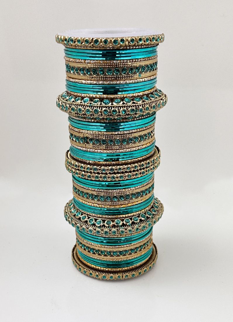 Buy Sea Green Anitique Gold Double Bangle Set