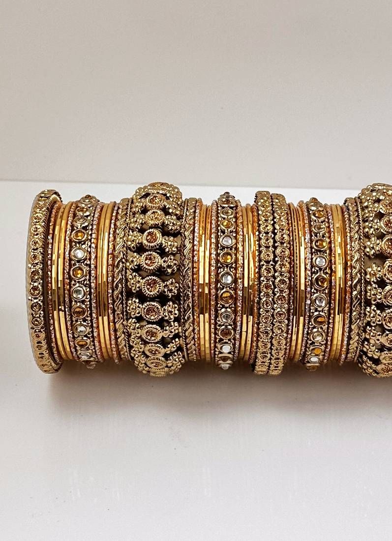 Buy Golden Anitique Kundan Double Bangle Set