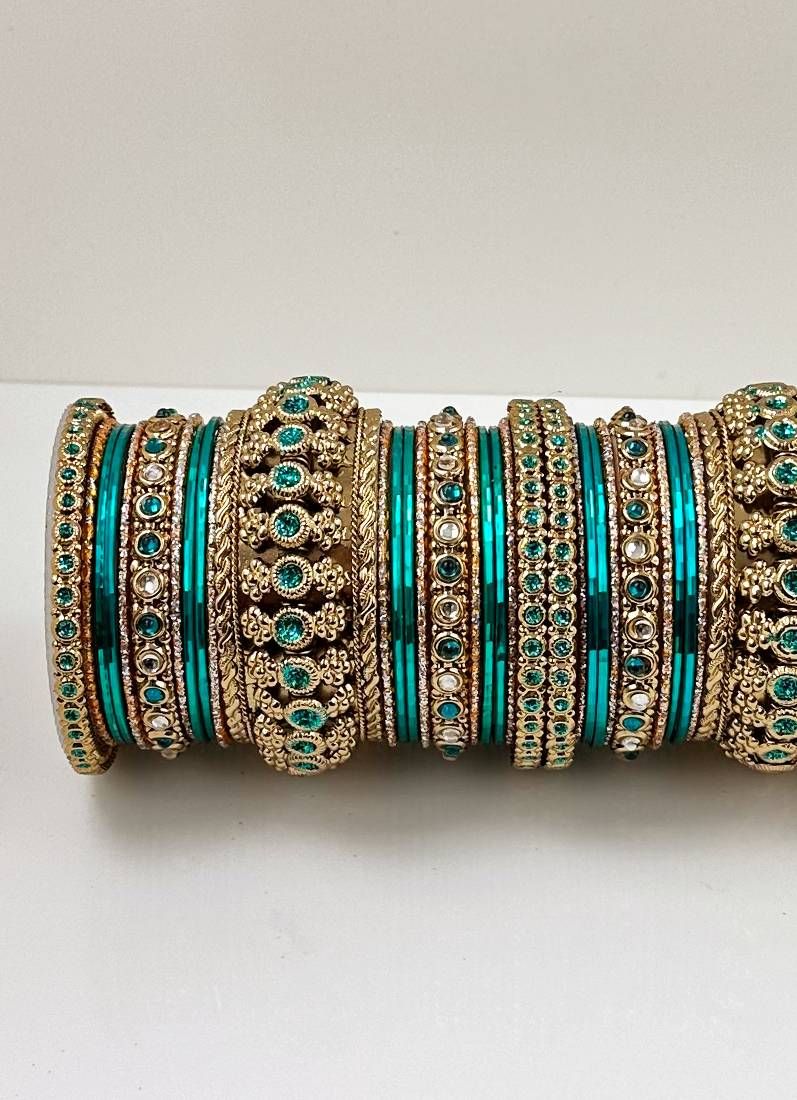 Buy Sea Green Kundan Double Bangle Set