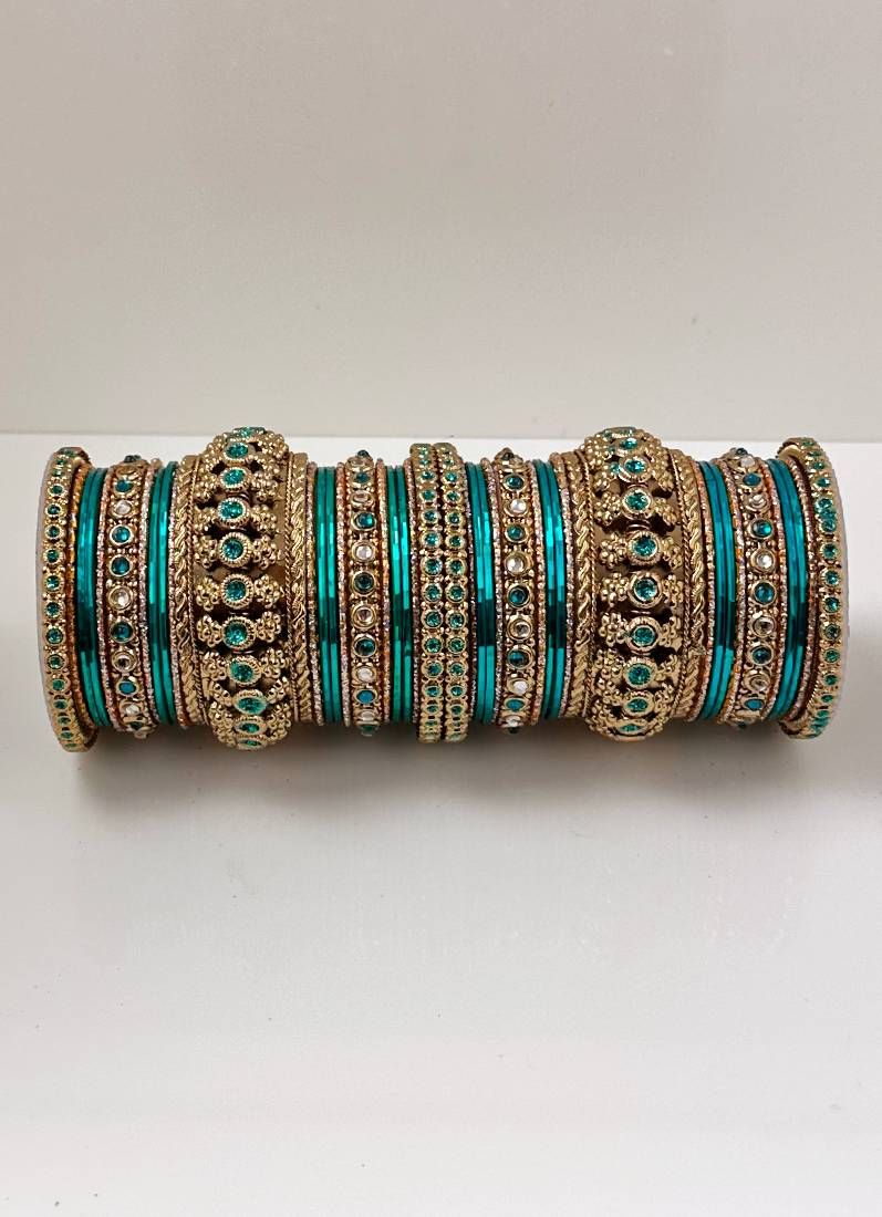 Buy Sea Green Kundan Double Bangle Set