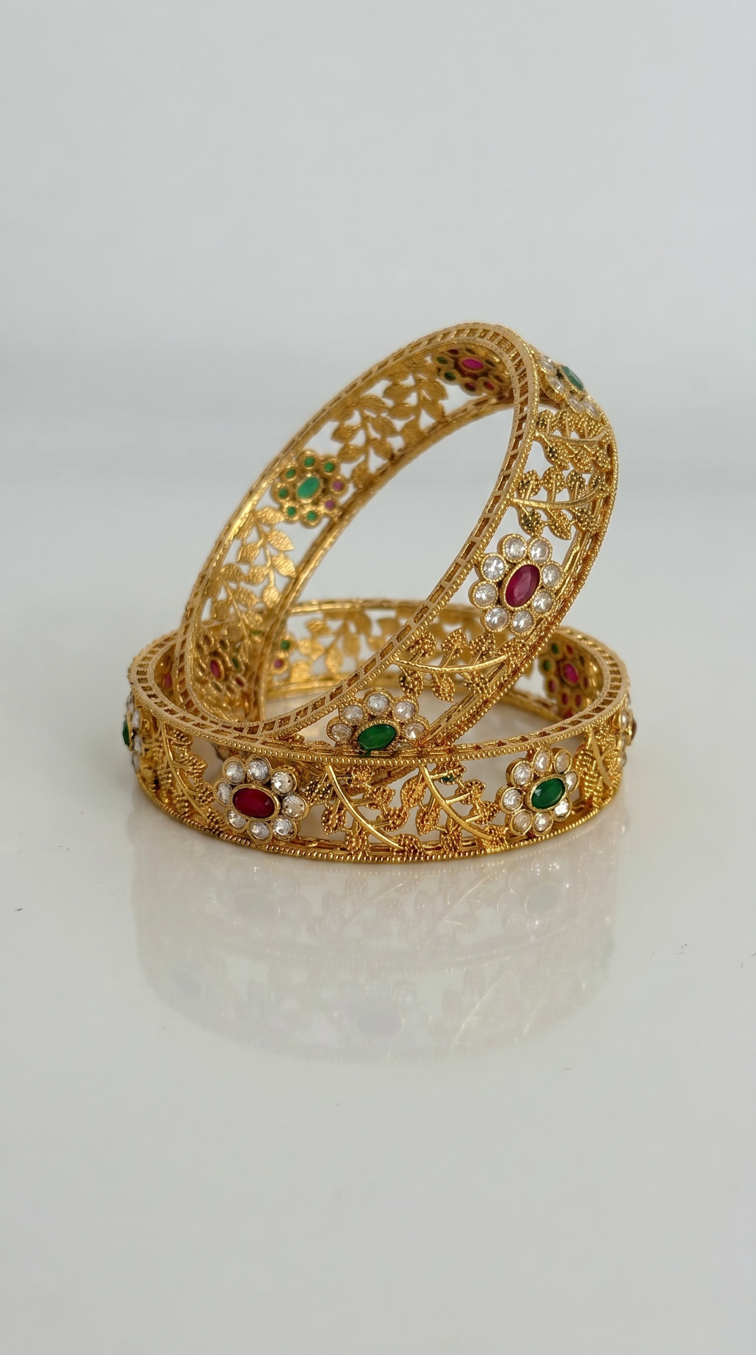 Diamonte and ruby and green diamonte leaf kara set
