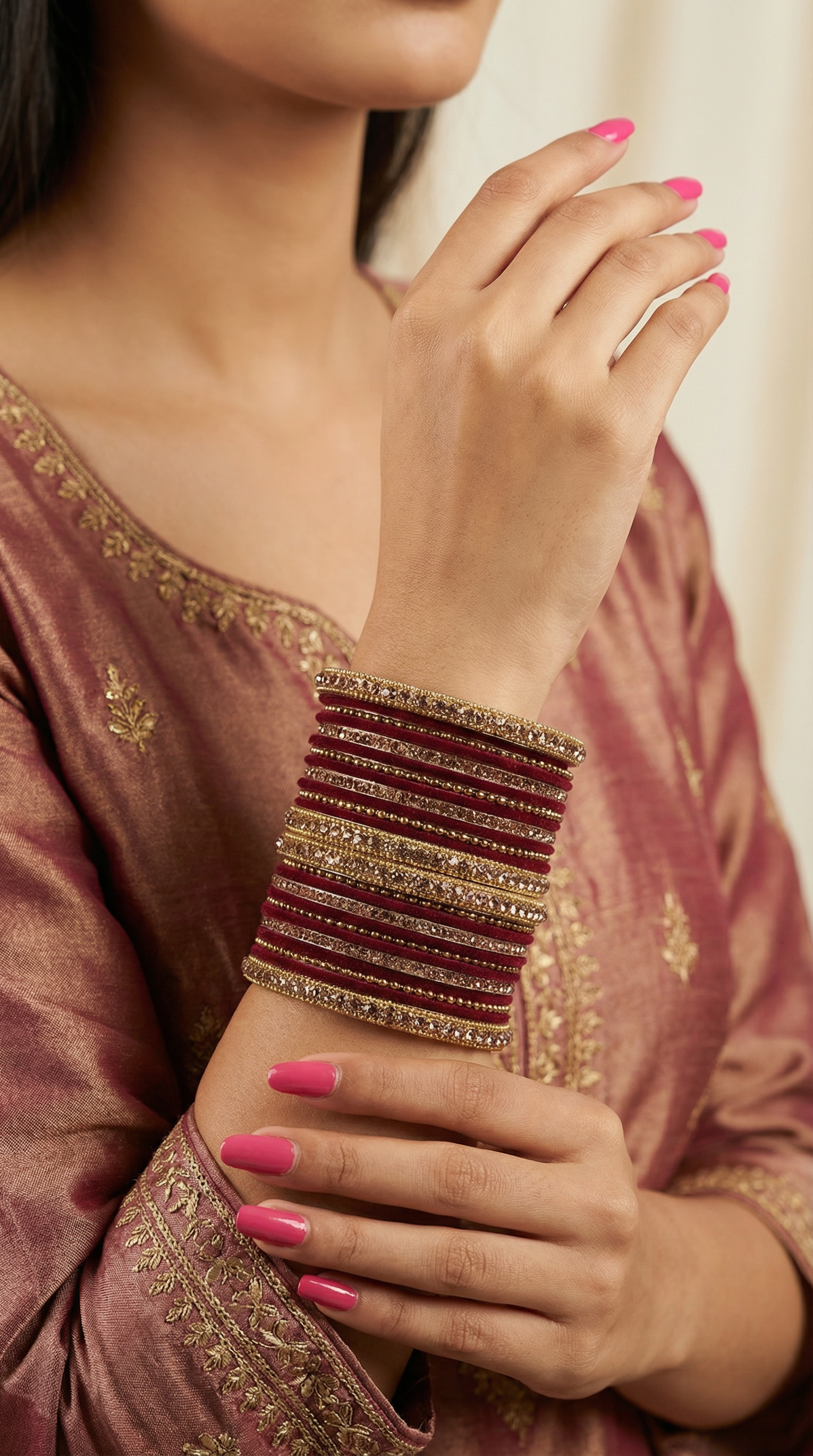 Maroon Velvet Bangle Set with Gold Diamonte