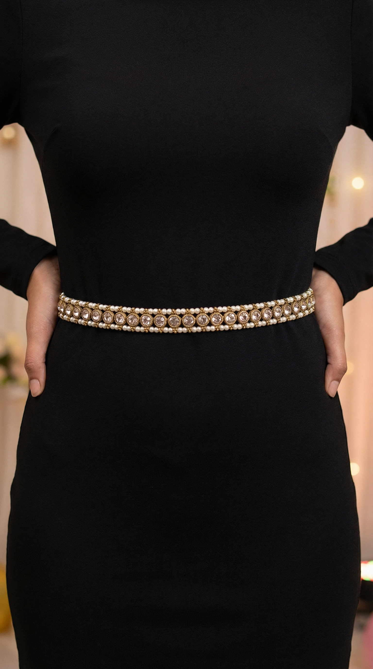 Gold Pearl & Diamonte Embellished Waist Bel
