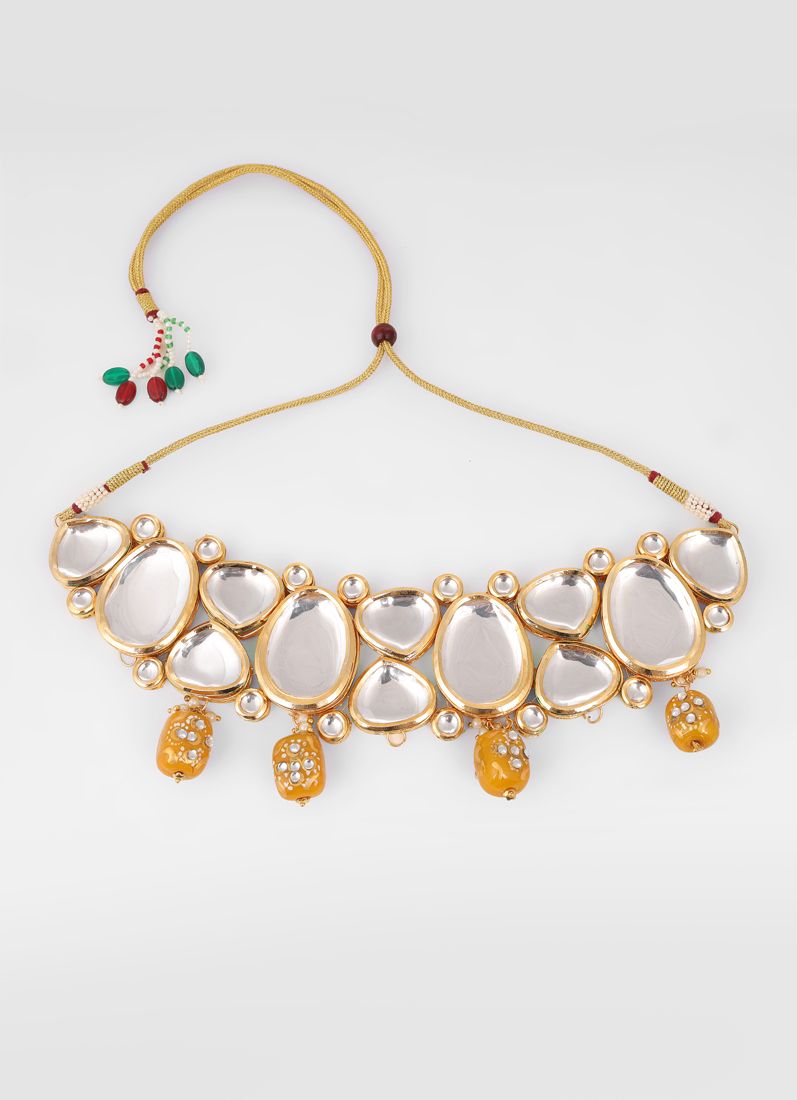 Mustard Large Mirror Kundan Necklace Set