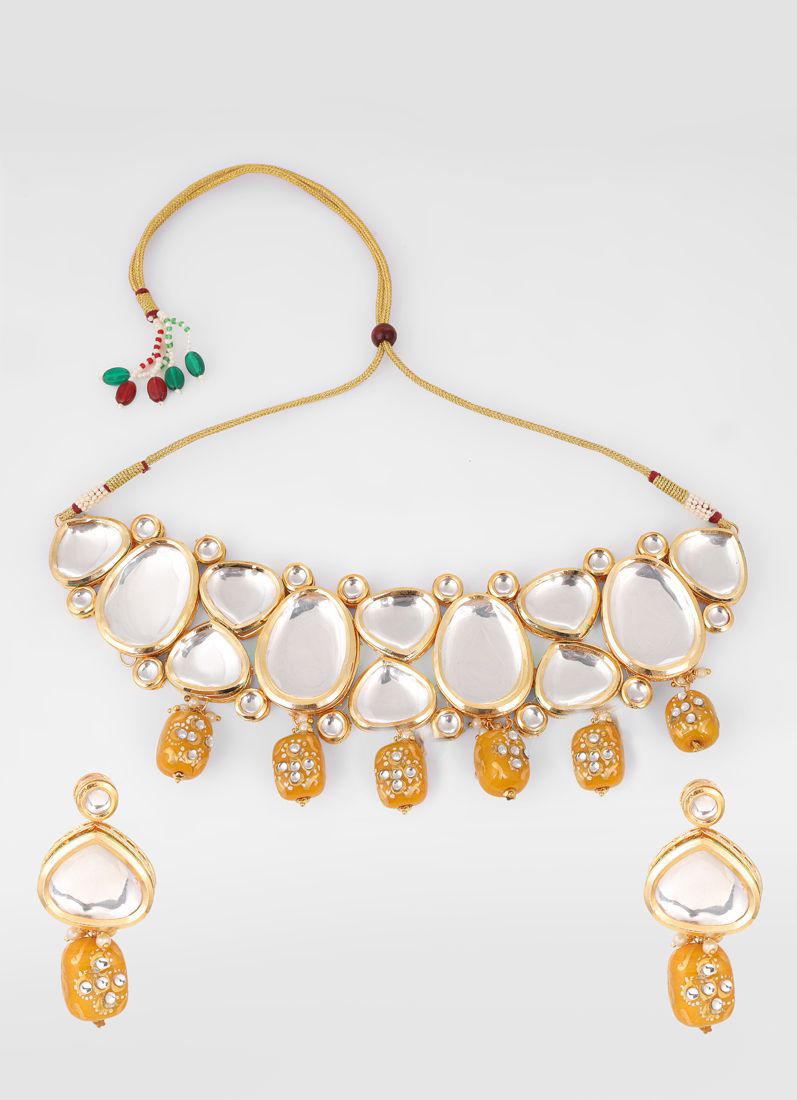 Gold-Mustard Mirror Kundan Necklace Set