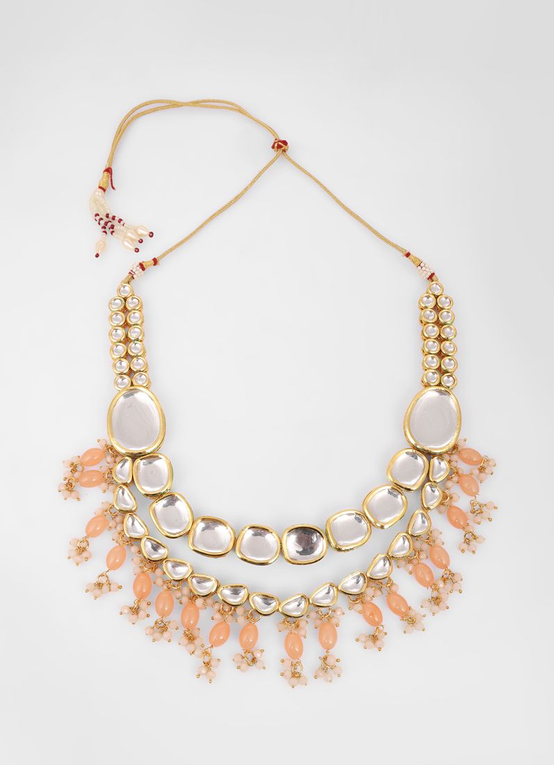 Peach large Mirror Kundan Necklace Set