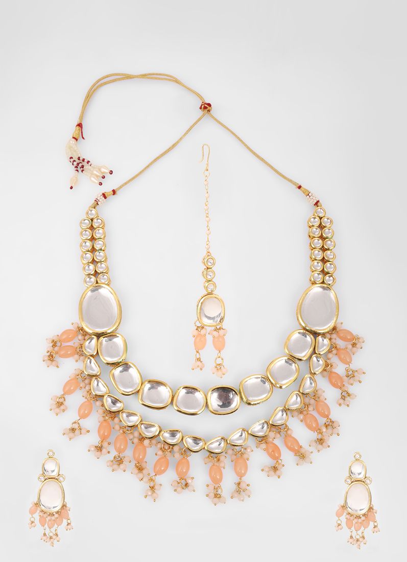 Buy Peach large Mirror Kundan Necklace Set
