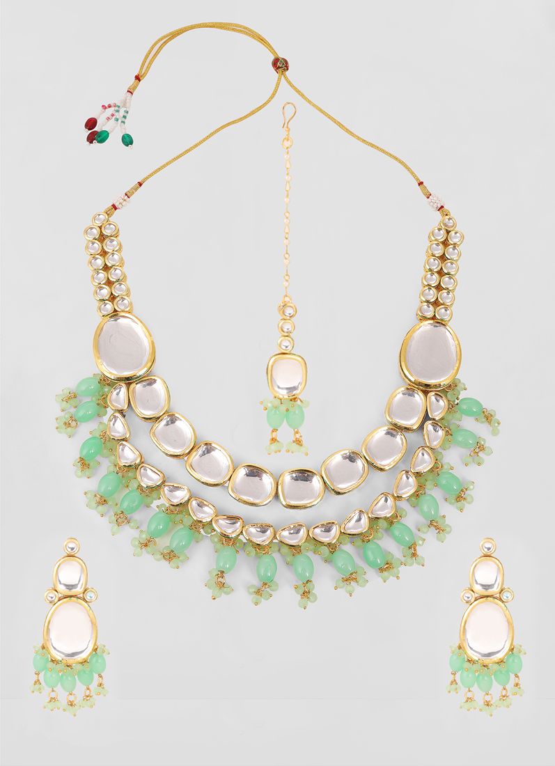 Buy Green large Mirror Kundan Necklace Set