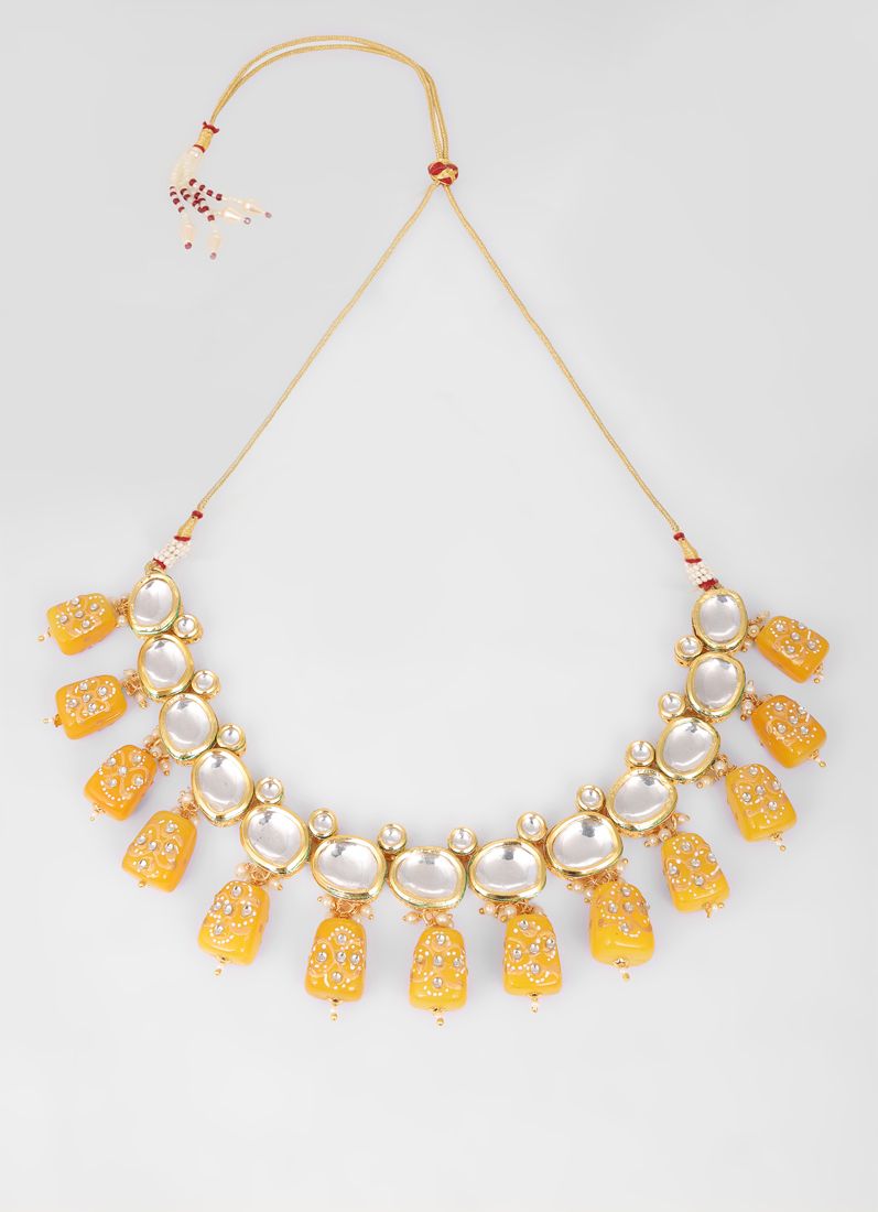 Gold Round Mirror Beads Kundan Necklace Set