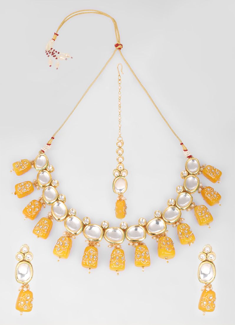 Buy Gold Round Mirror Beads Kundan Necklace Set