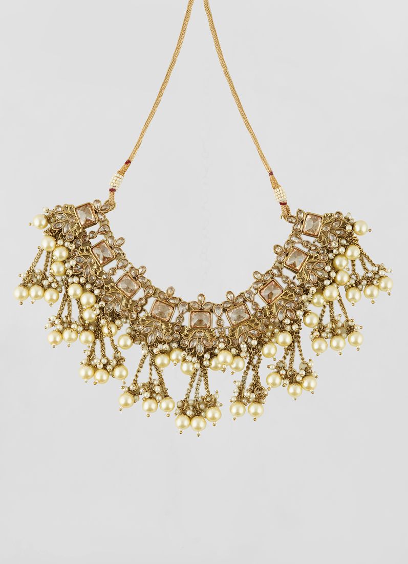 Antique Gold Topaz American Diamond Pearl Necklace Set