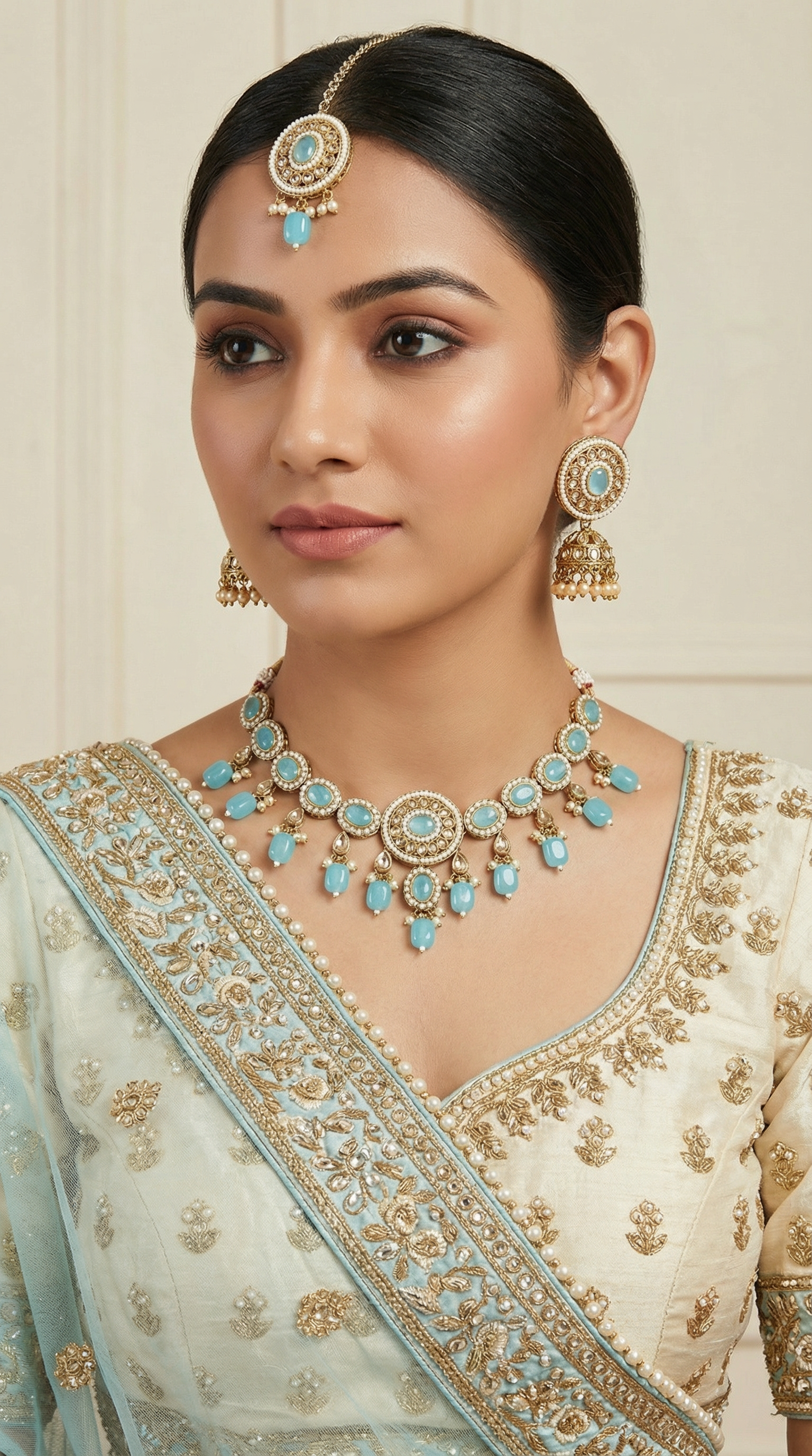 Cat’s Eye Stone Necklace Set with Pearls & Jhumki