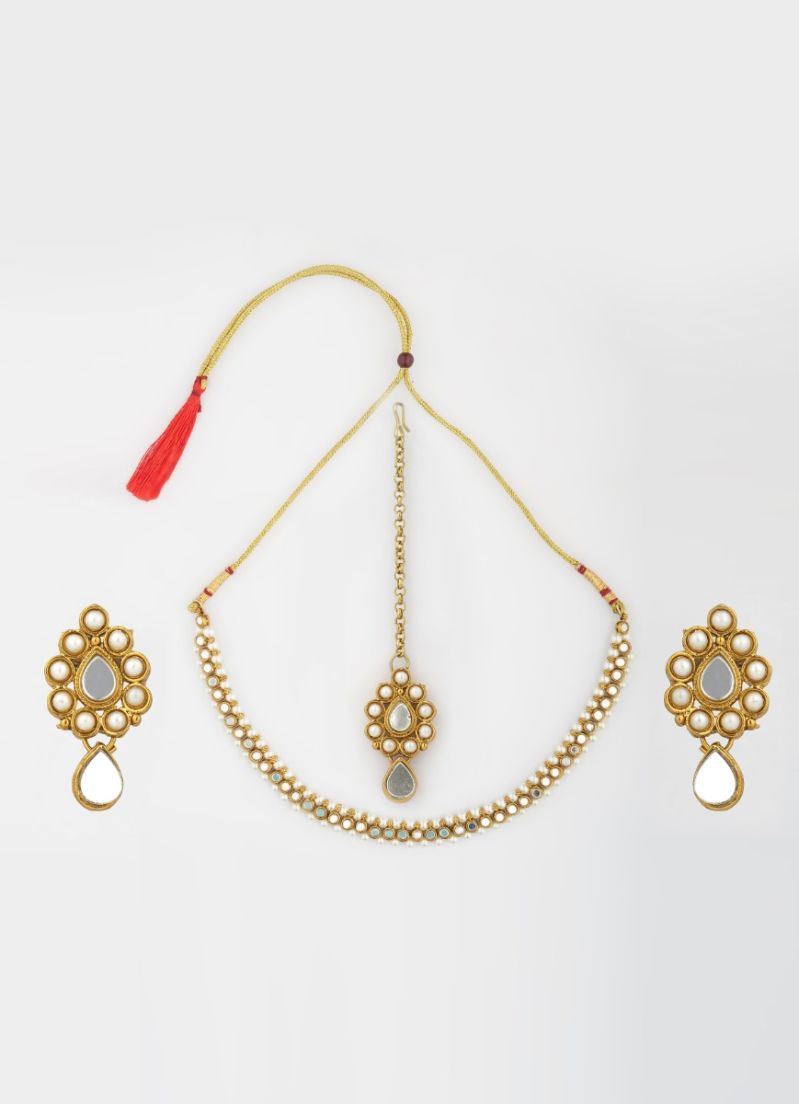 Buy Gold Small Mirror Pearl Necklace Set