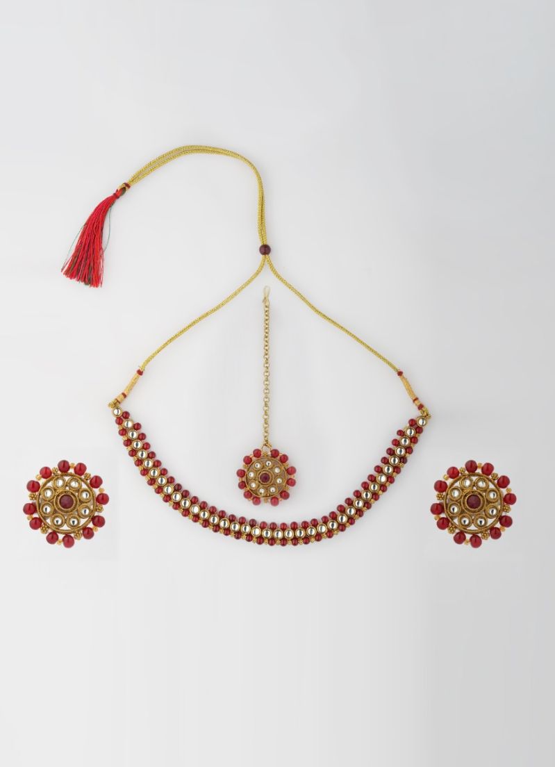 Buy Maroon Stone Pearl Necklace Set