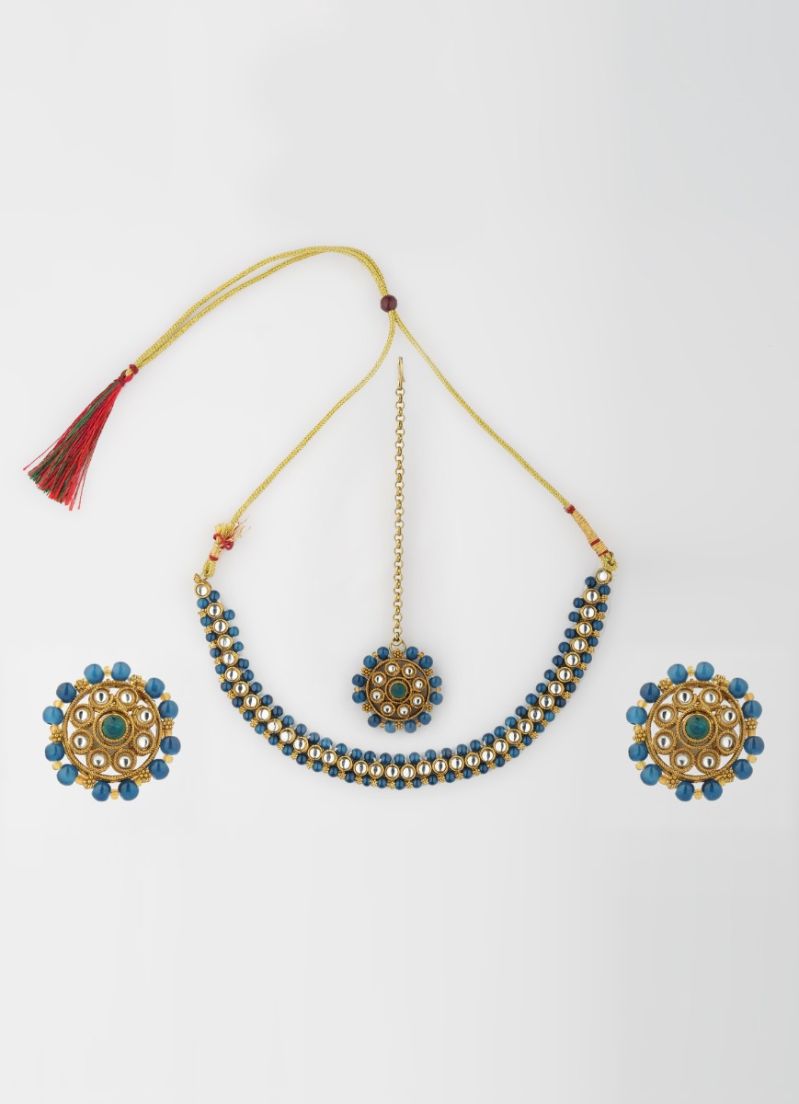 Buy Navy Blue Stone Pearl Necklace Set