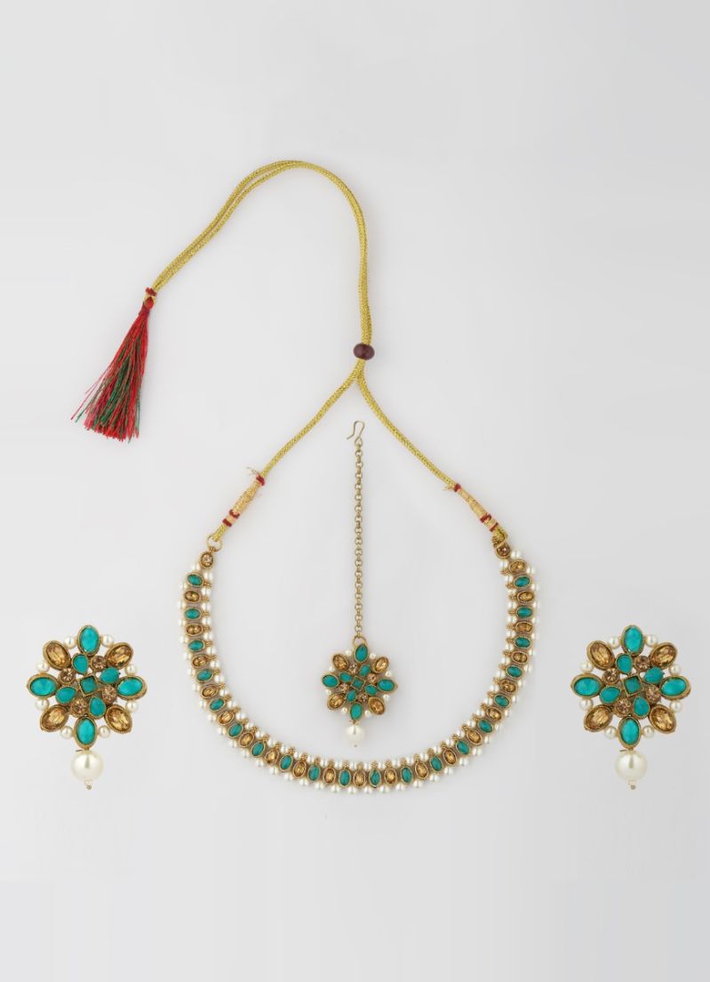 Buy Jade Small Stone Pearl Necklace Set