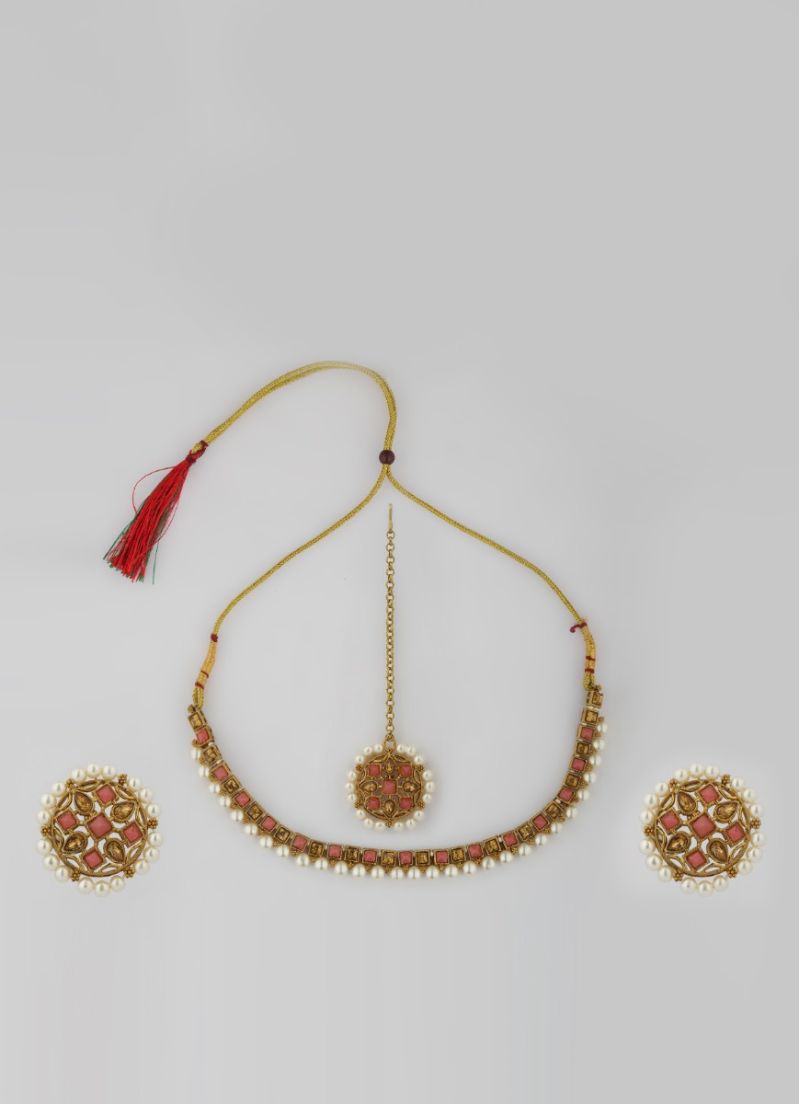 Buy Pink Stone Pearl Necklace Tikka Set