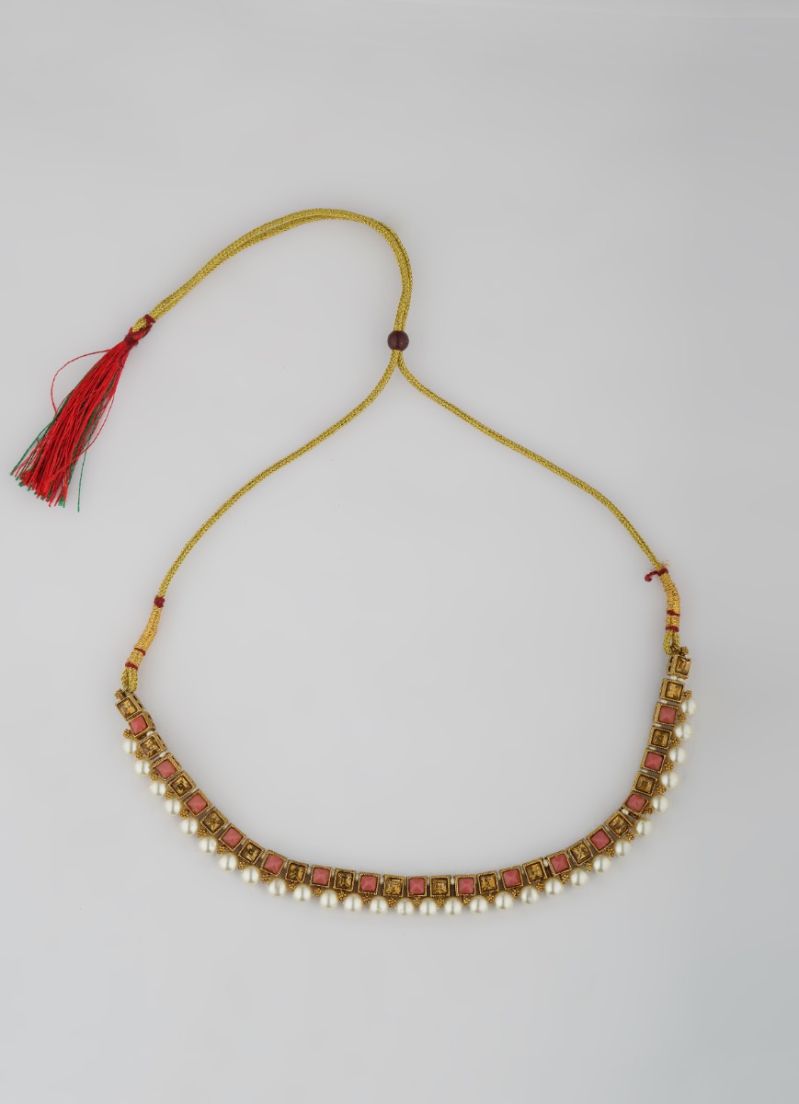 Pink Stone Pearl Necklace Tikka Set