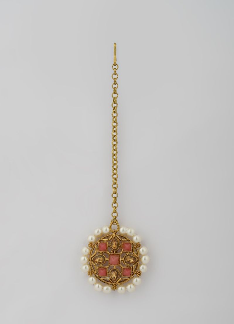 Pink Stone Pearl Necklace Tikka Set