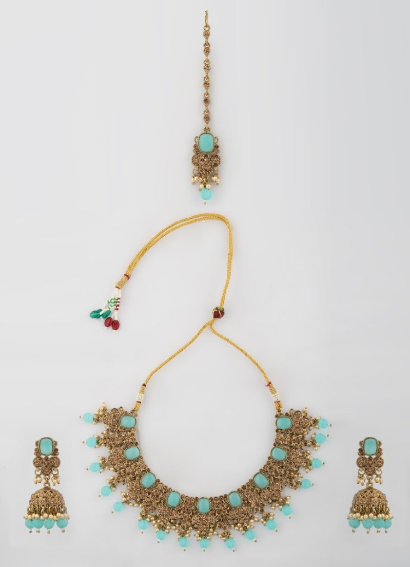Buy Light Blue Stone Crystal Pearl Necklace Tikka Set