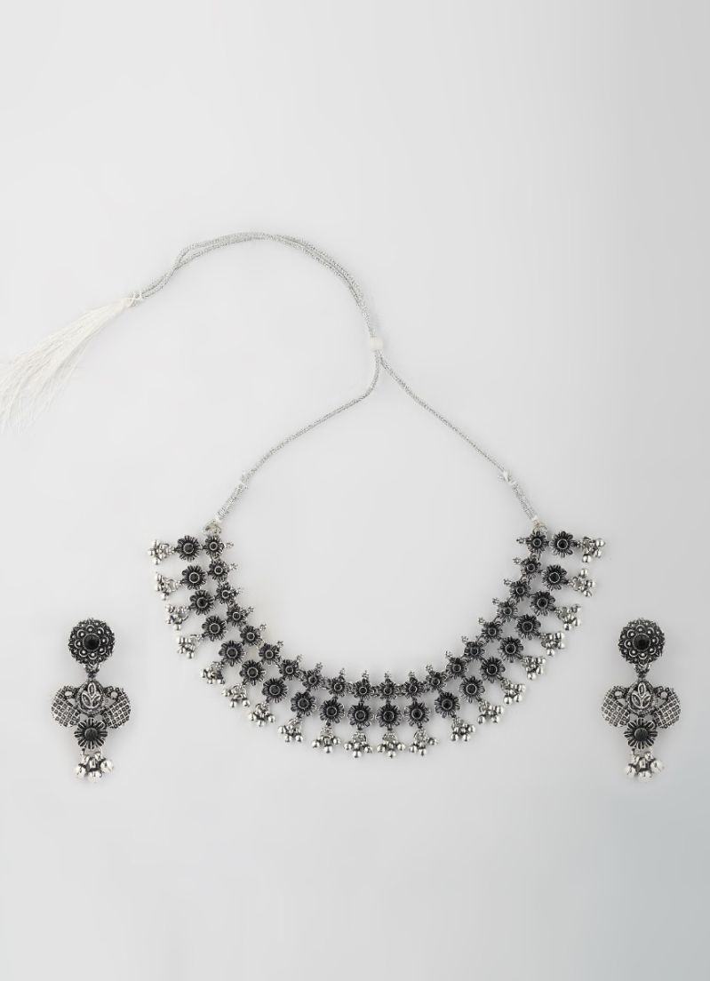 Buy Silver Metal Oxidised Necklace Set