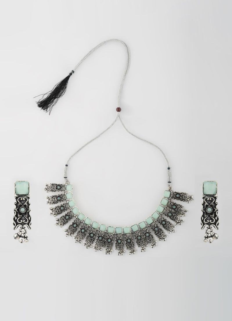 Buy Mint Metal Oxidise Necklace Set
