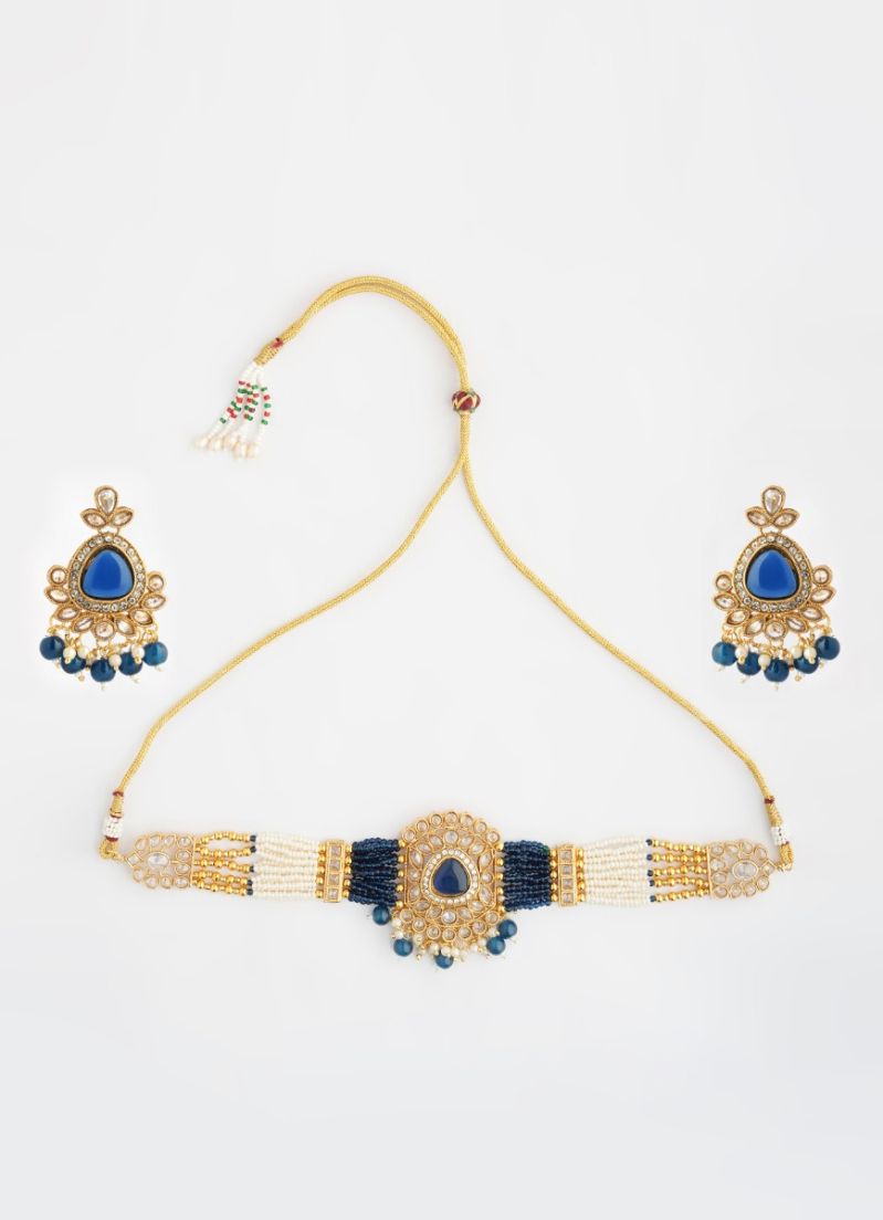 Buy Navy Blue Crystal Choker Necklace Set