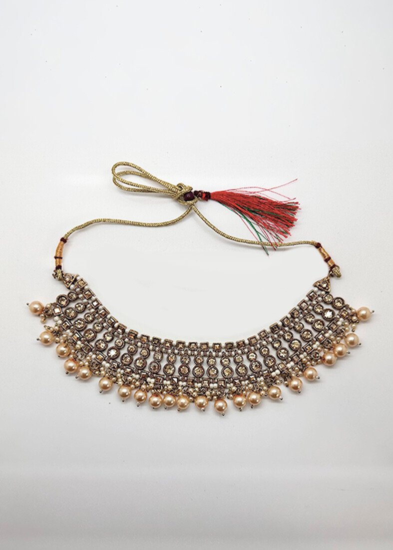 Womens Antique Gold Pearl & Stone Jewellery Set