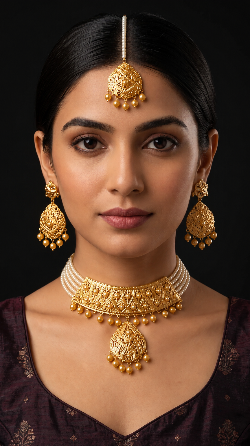 A woman wearing traditional Indian gold jewelry, including a maang tikka, matching earrings, and a statement necklace, paired with a dark plum embroidered blouse against a solid black background.