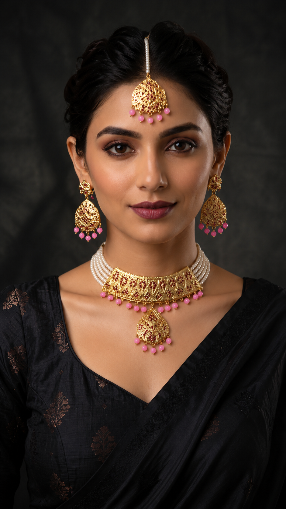 A woman wearing traditional Indian jewelry, including a gold maang tikka, matching dangle earrings, and a pearl-and-gold necklace with pink bead accents, paired with a black saree against a dark studio background.