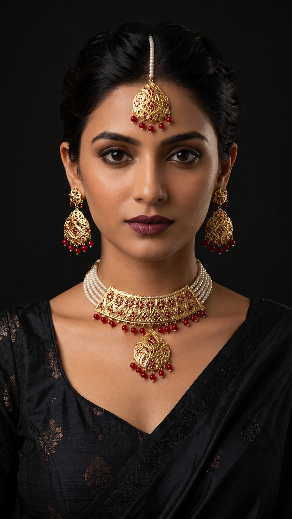 A woman wearing traditional Indian jewelry, including a gold maang tikka with red stones, matching dangle earrings, and a pearl-and-gold choker necklace, against a solid black background.
