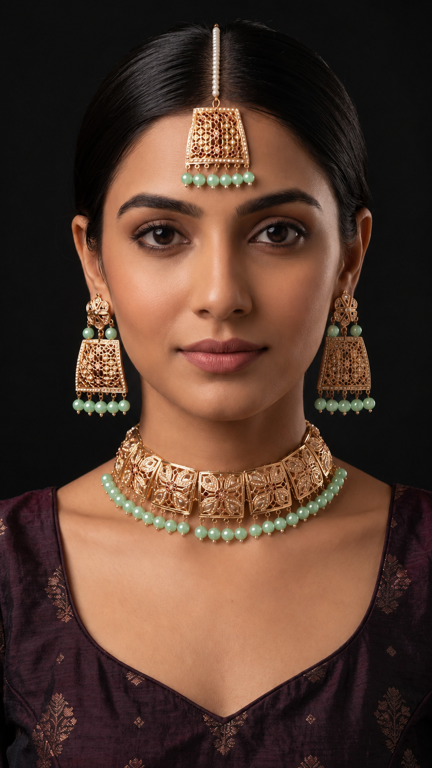 A woman wearing a traditional Indian jewelry set featuring a gold-toned choker necklace, matching dangle earrings, and a maang tikka with light green bead accents, set against a solid black background.