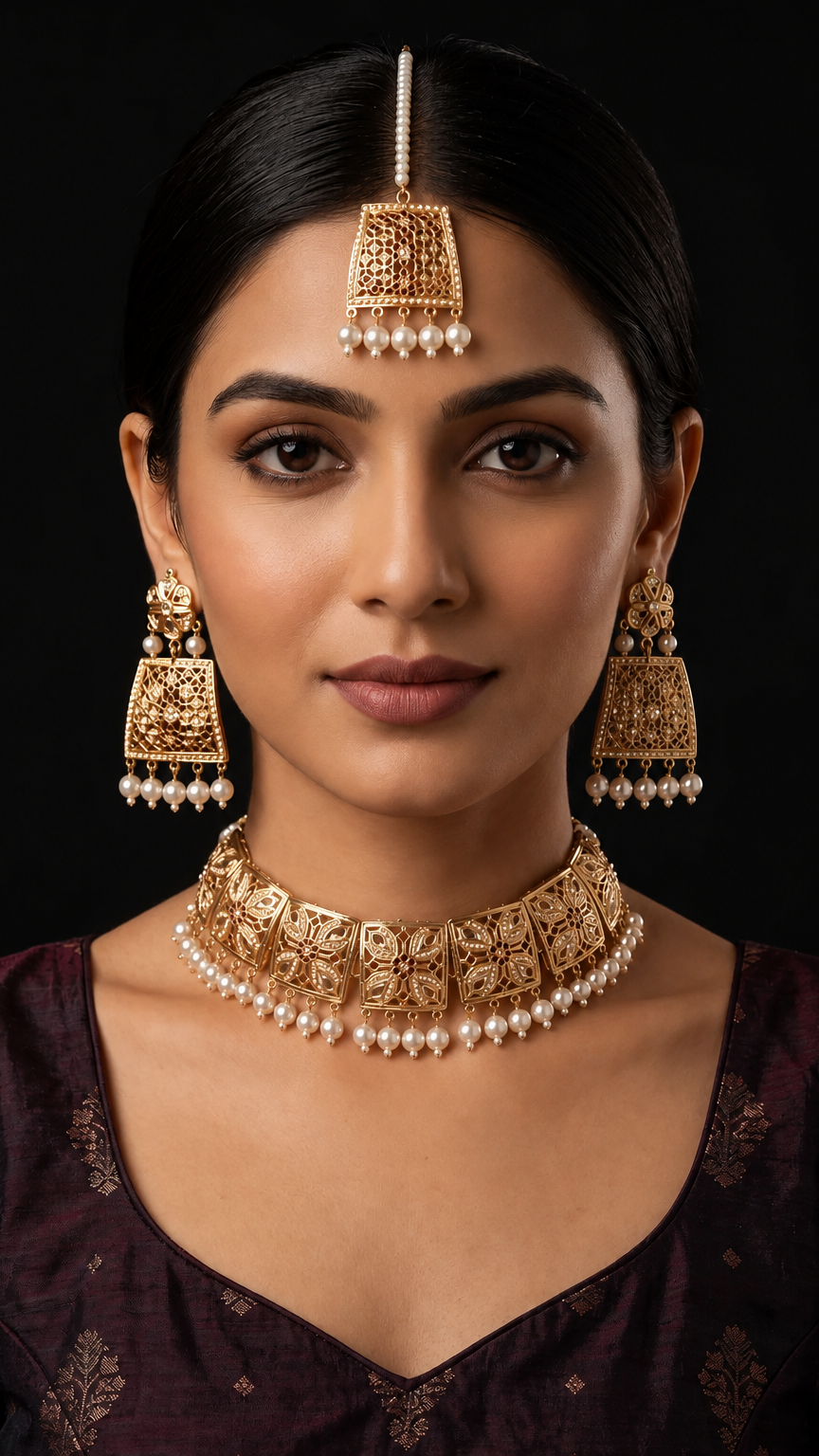 A woman wearing an ornate gold-toned Indian jewelry set with a maang tikka, matching dangle earrings, and a choker necklace adorned with small white pearls, against a solid black background.