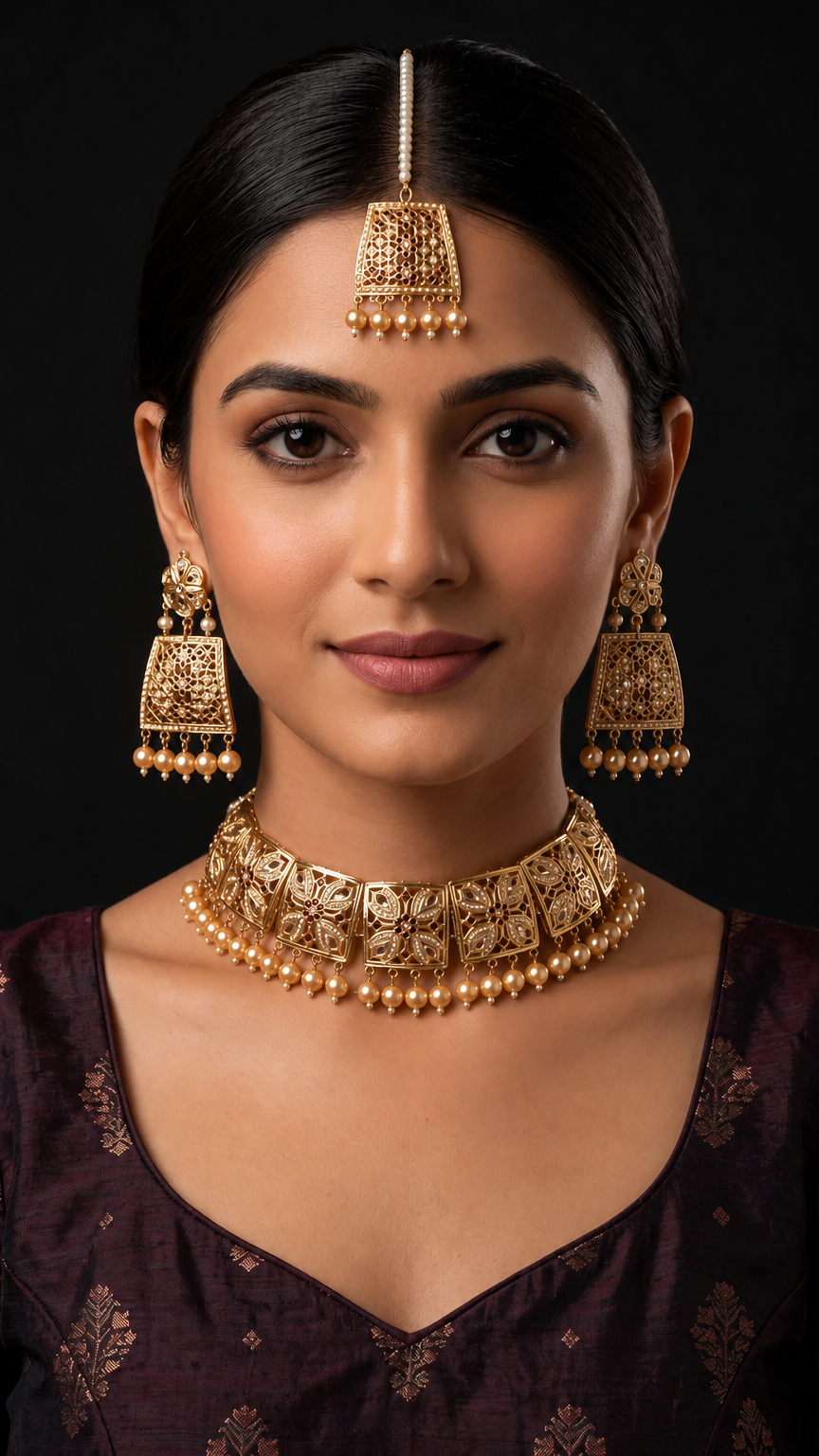A woman wearing traditional Indian gold jewelry, including a maang tikka, jhumka earrings, and a choker necklace, paired with a dark purple patterned blouse against a solid black background.