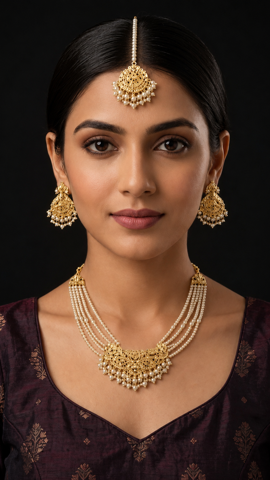 A woman wearing traditional Indian jewelry, including a gold maang tikka, matching earrings, and a multi-strand pearl and gold necklace, paired with a dark purple embroidered blouse, set against a solid black background.