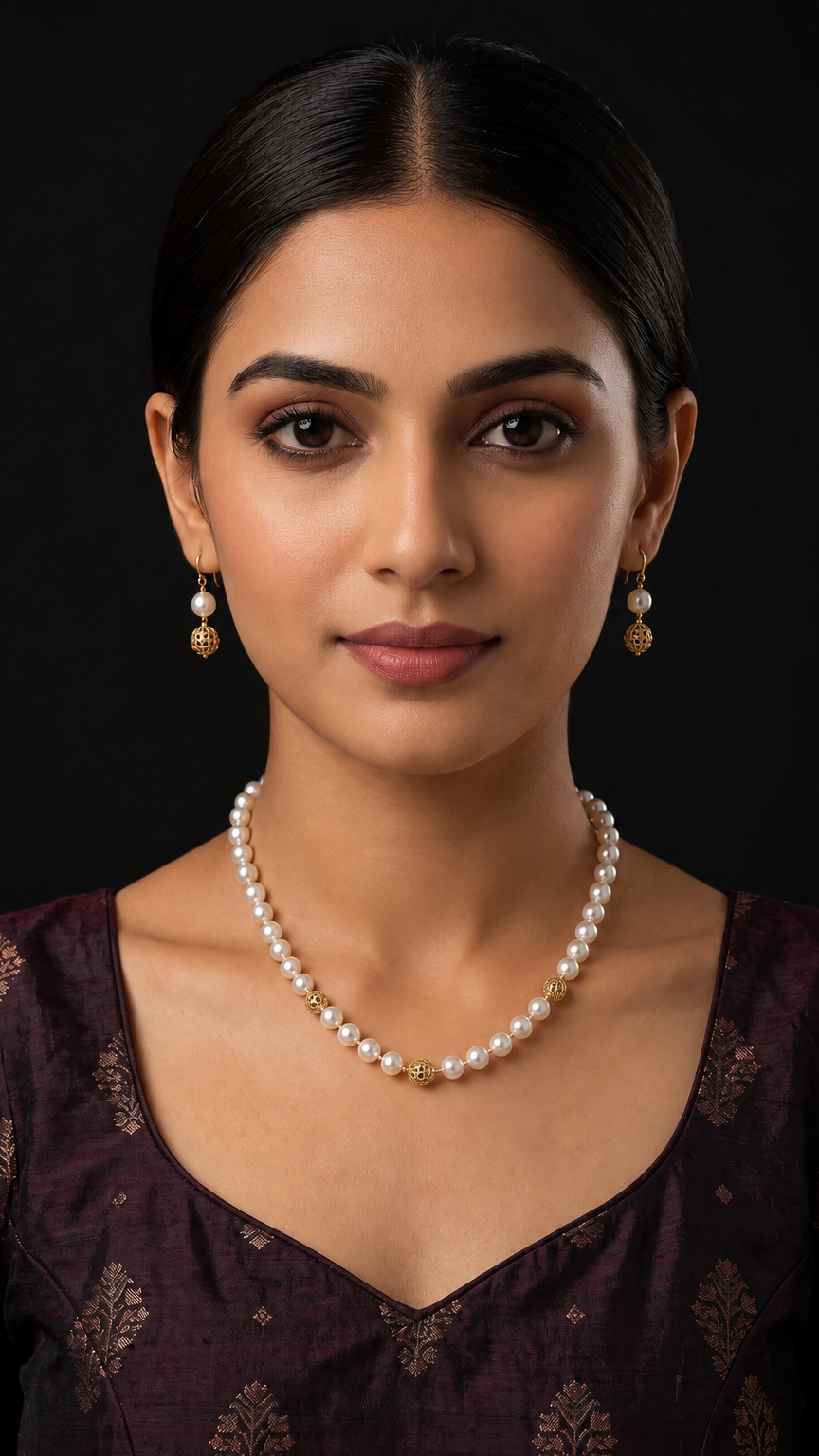 A woman with dark hair parted in the middle, wearing a pearl necklace with gold accents and matching gold drop earrings, set against a solid black background.