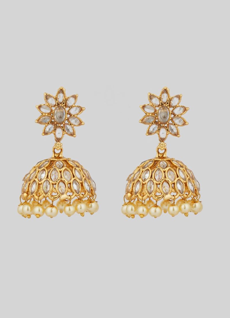 Buy Gold Zircon Pearl Droplets Jhumki Earrings