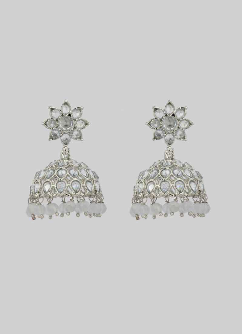 Buy Silver Zircon Crystal Droplets Jhumki Earrings