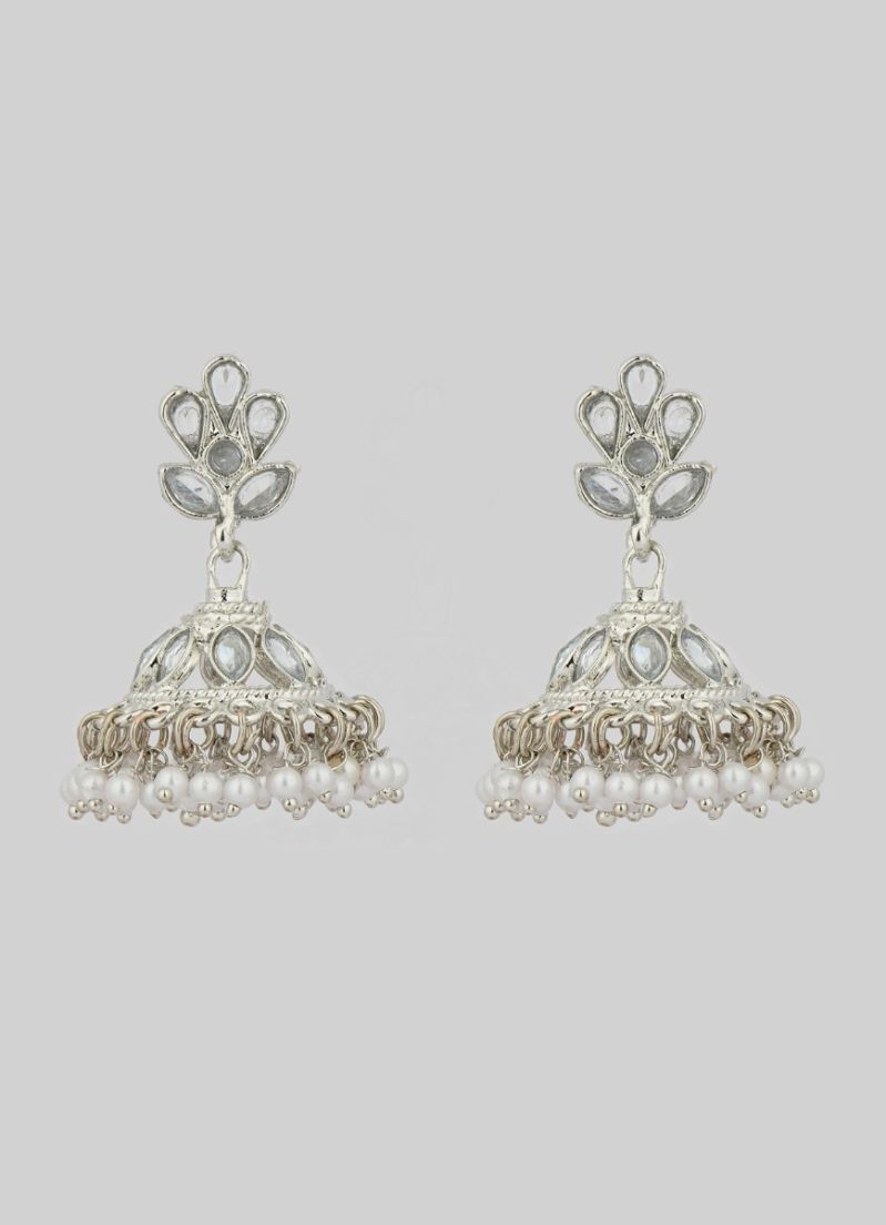 Buy Silver Zircon Pearl Droplets Jhumki Earrings