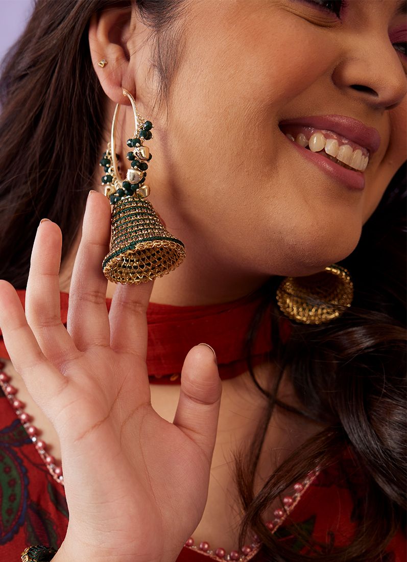 Buy Green Bell Shape Jhumki Beaded Earrings