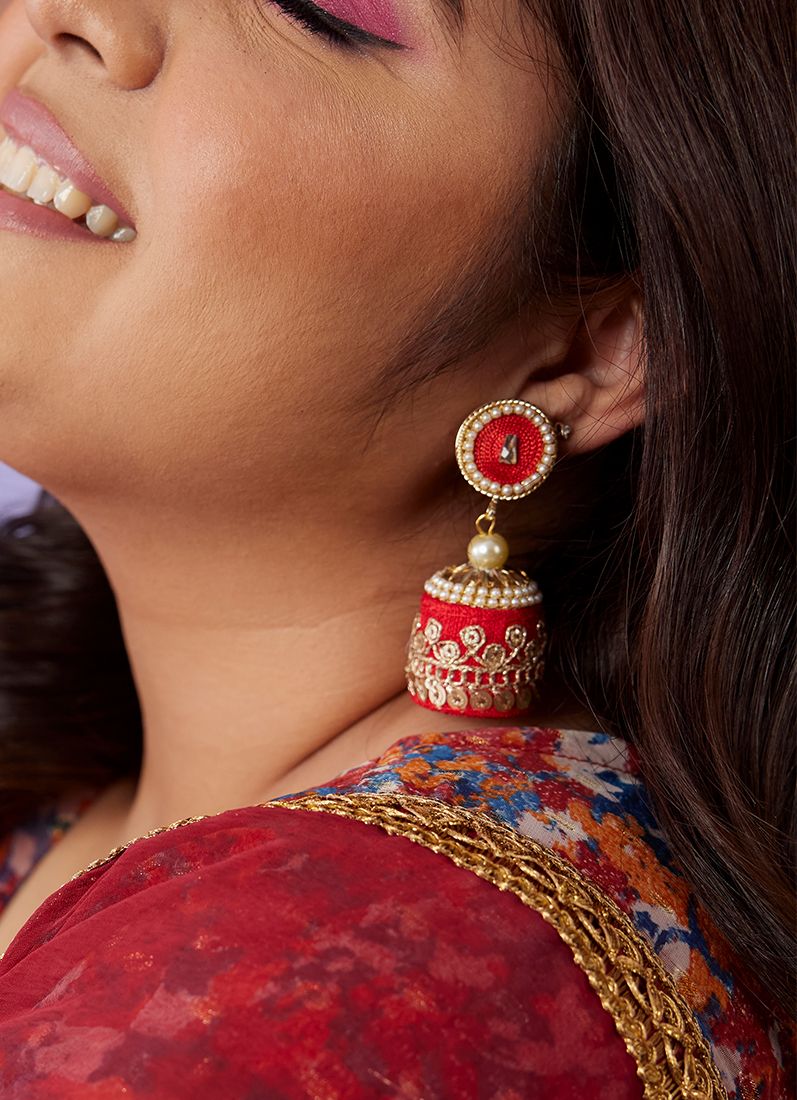 Buy Red Threadwork With Diamonte Earrings