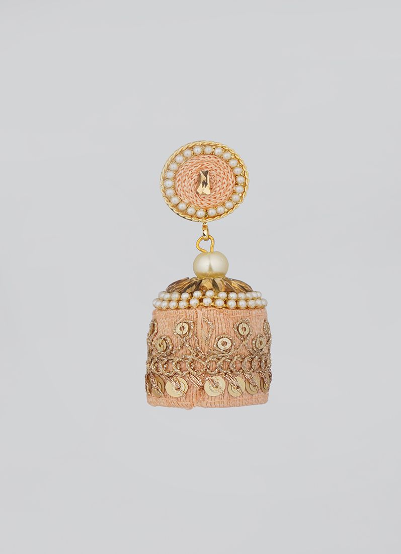Peach Threadwork Jhumki Earrings with Pearls