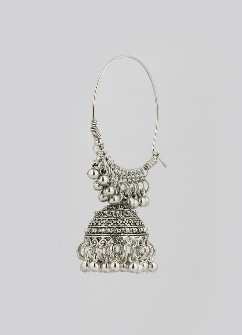 Silver Oxidised Bali Hoop Earrings with Traditional Jhumka Design