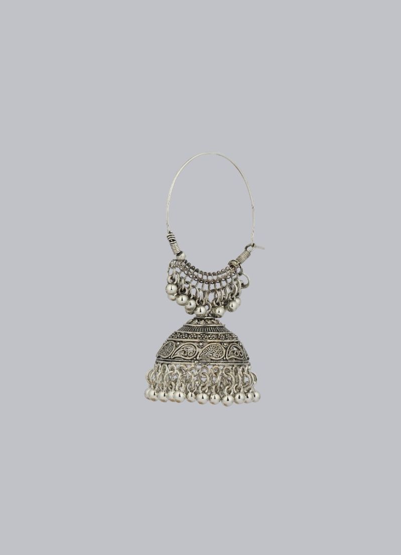 Silver Oxidised Bali Hoop Earrings with Traditional Jhumka Drop