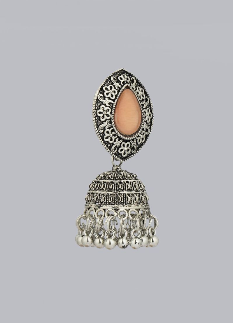 Oxidized Silver Jumki Earrings with Peach Cats Eye Stone