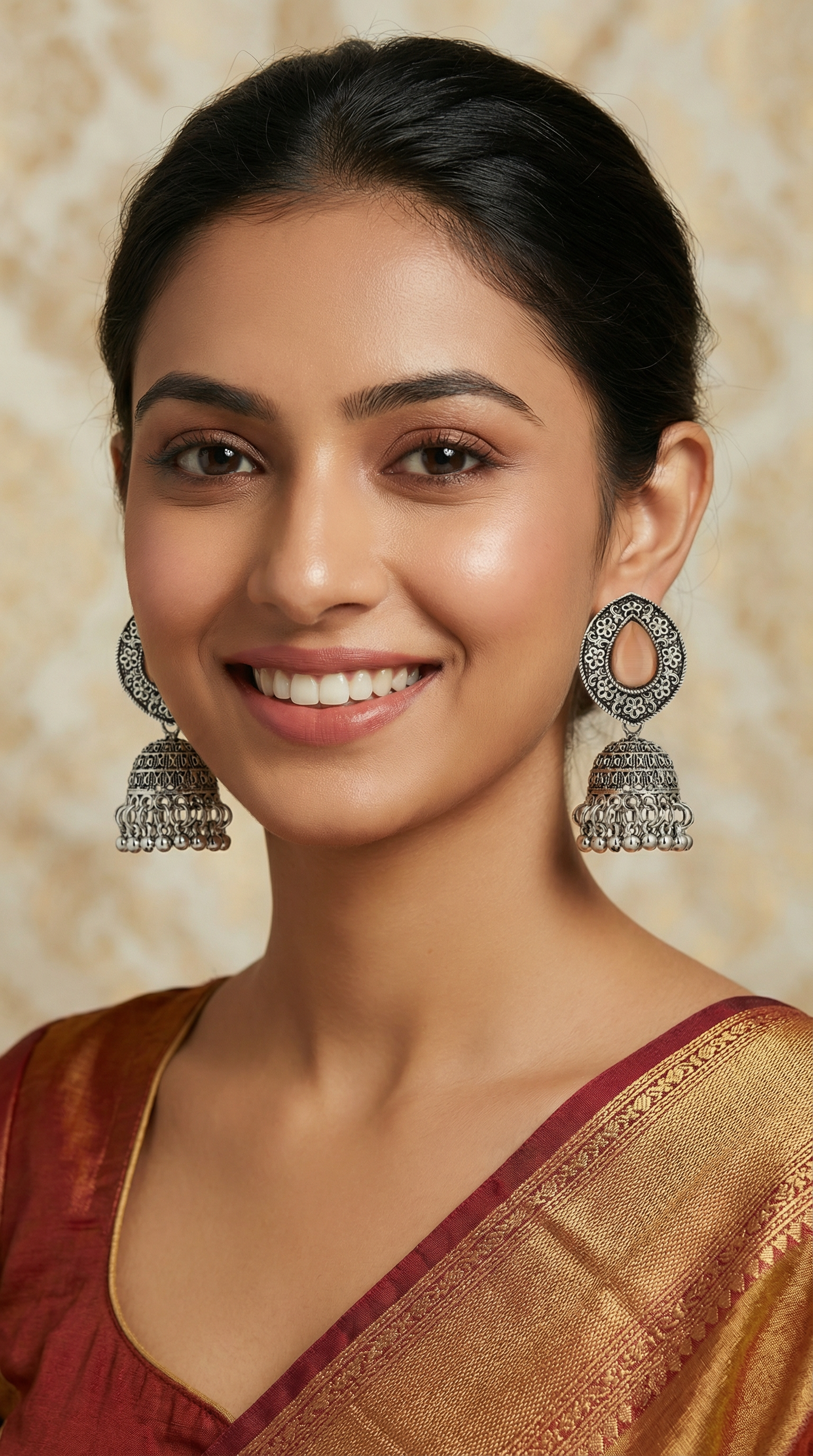 Oxidized Silver Jumki Earrings with Peach Cats Eye Stone