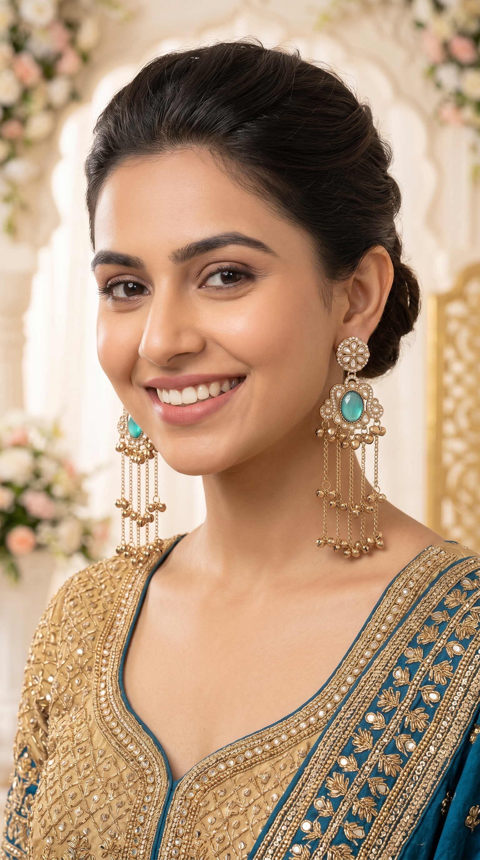 Aqua Diamonte Kashmiri Earrings With Gunguroo
