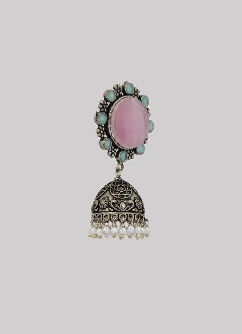 Rose Pink Cat’s Eye Stud Earrings in Oxidised Silver with Teal Stones